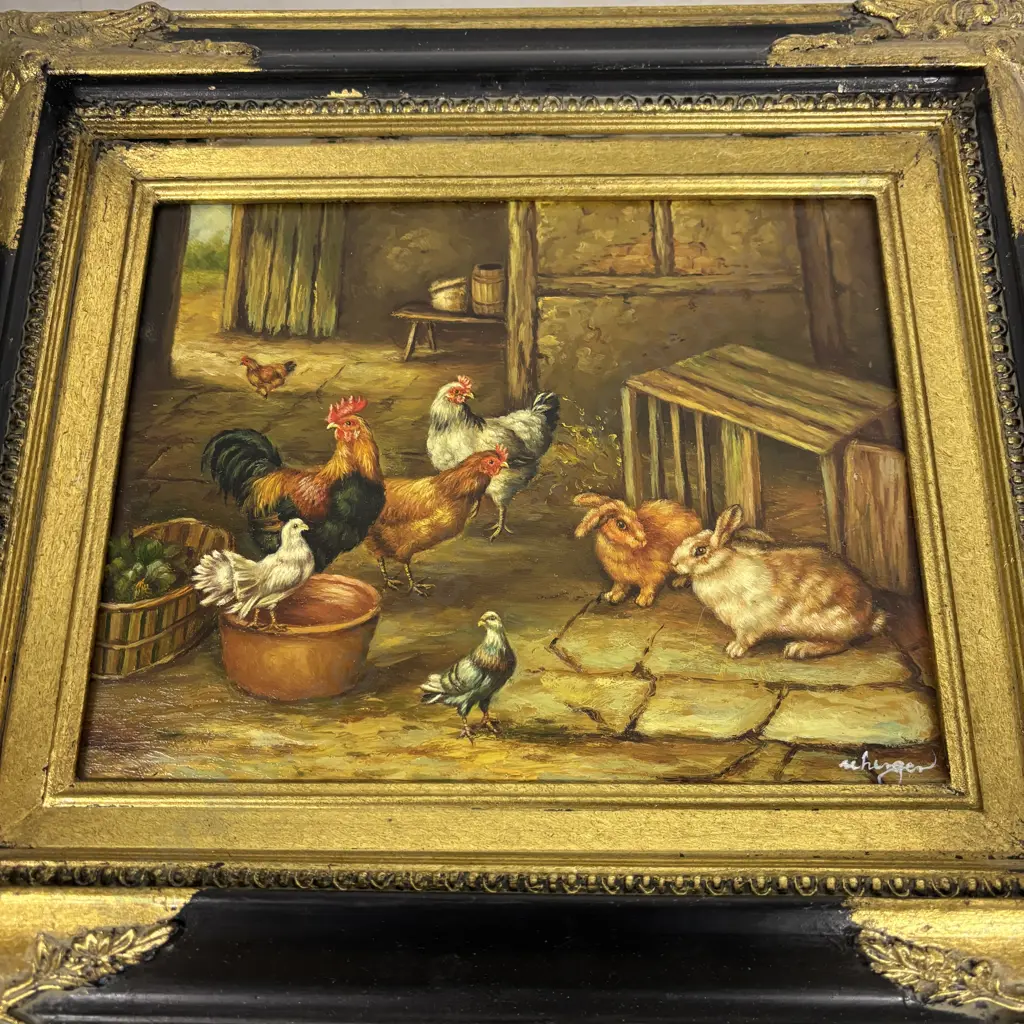 Pair of Original Oil on Board Farmyard Scenes. Roosters, chickens and rabbits.  Both signed. Gilded Black Frames.  Image 1++