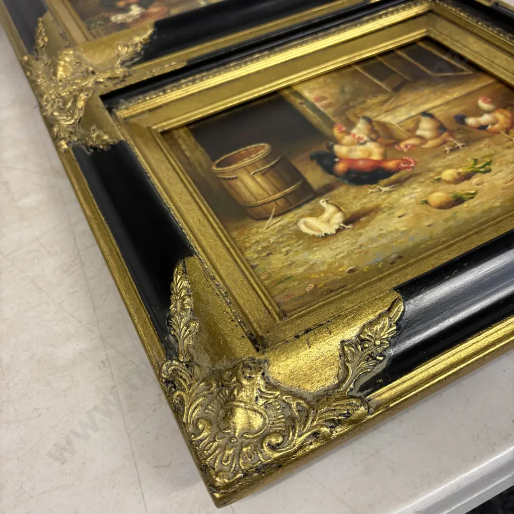 Pair of Original Oil on Board Farmyard Scenes. Roosters, chickens and rabbits.  Both signed. Gilded Black Frames.  Image 1++