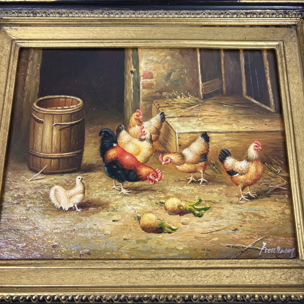 Pair of Original Oil on Board Farmyard Scenes. Roosters, chickens and rabbits.  Both signed. Gilded Black Frames.  Image 1++
