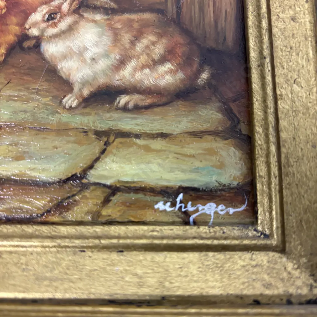 Pair of Original Oil on Board Farmyard Scenes. Roosters, chickens and rabbits.  Both signed. Gilded Black Frames.  Image 1++