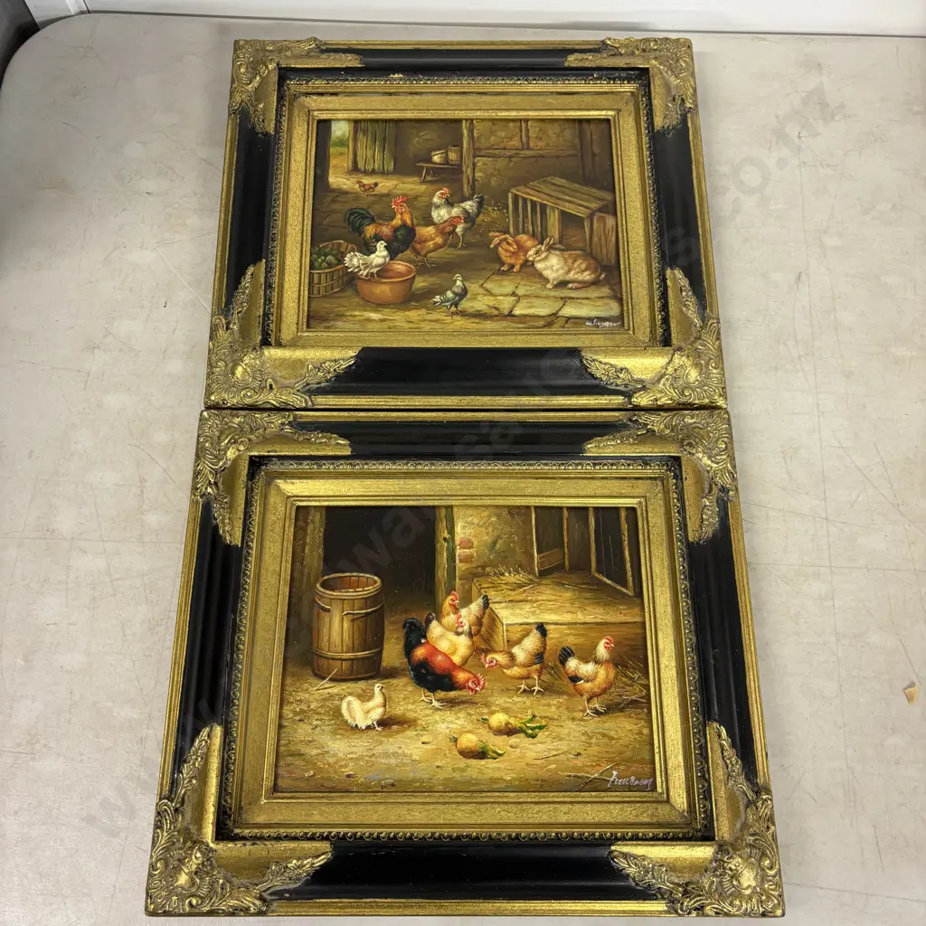 Pair of Original Oil on Board Farmyard Scenes. Roosters, chickens and rabbits.  Both signed. Gilded Black Frames.  Image 1++