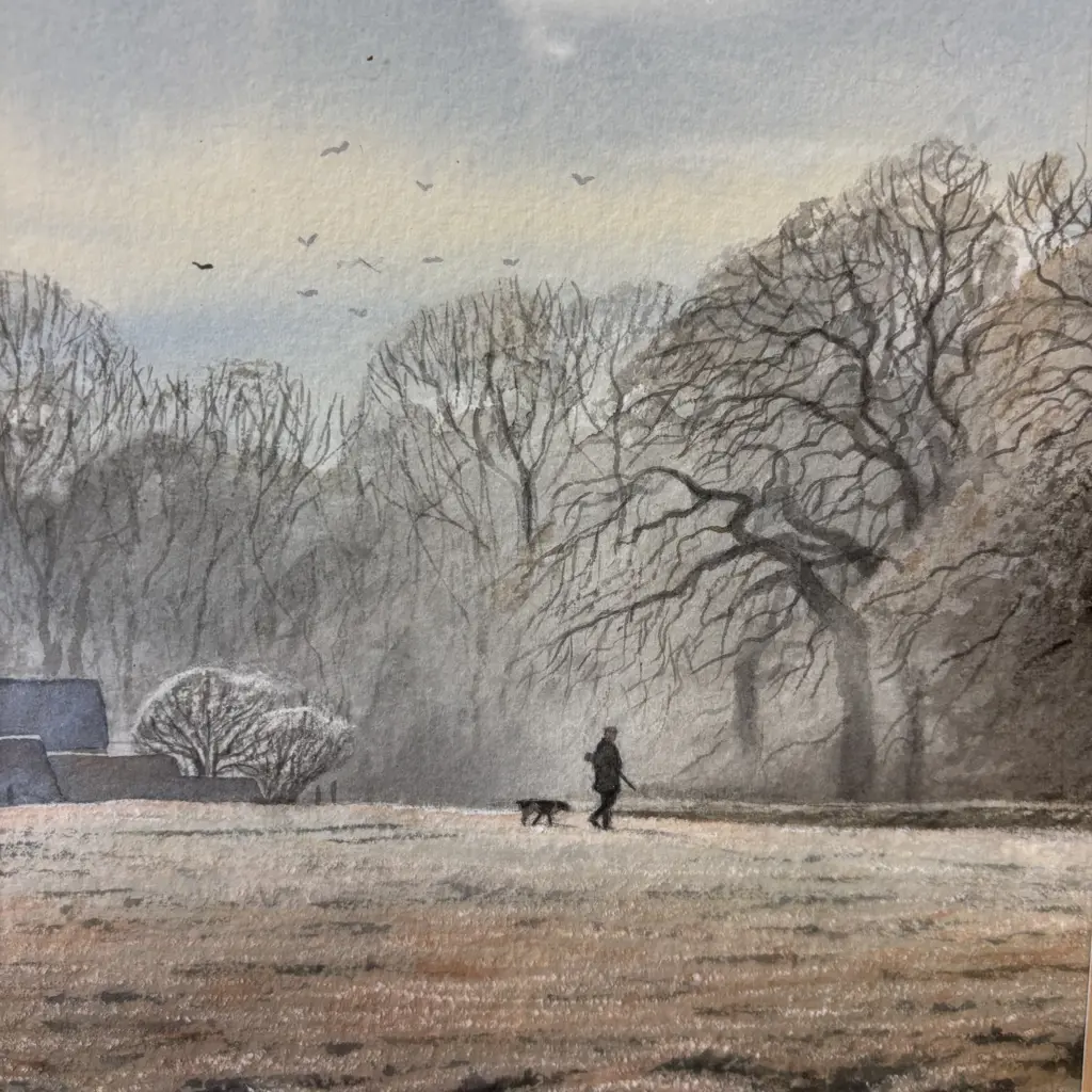 Original Framed Watercolour titled "Winter Walk" by Michael Cox. Signed. 58 x 46cm incl frame Image 1++