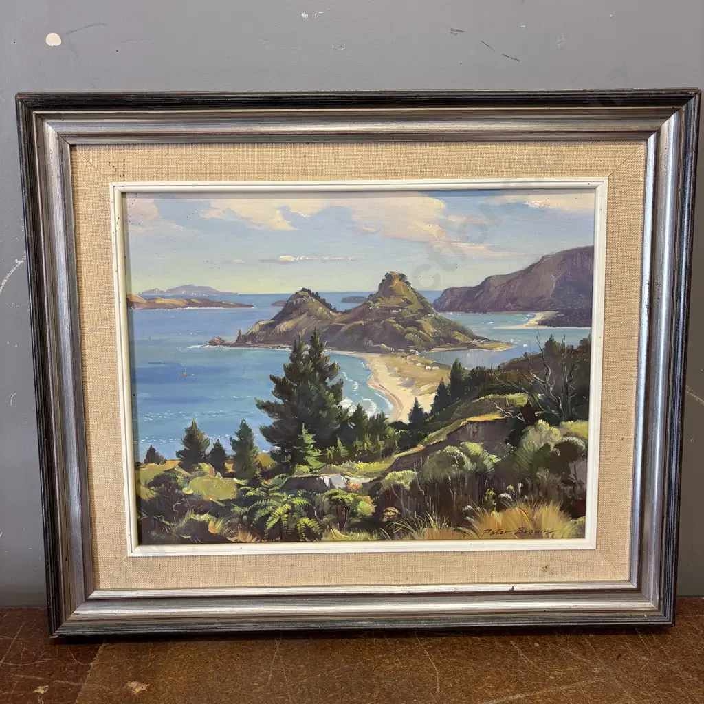 Signed Peter Brown Original Oil on Board titled "Tairua Headland and Pauanui" 63 x 53cm incl Frame Image 1++
