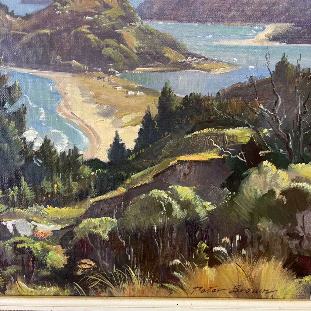 Signed Peter Brown Original Oil on Board titled "Tairua Headland and Pauanui" 63 x 53cm incl Frame Image 1++