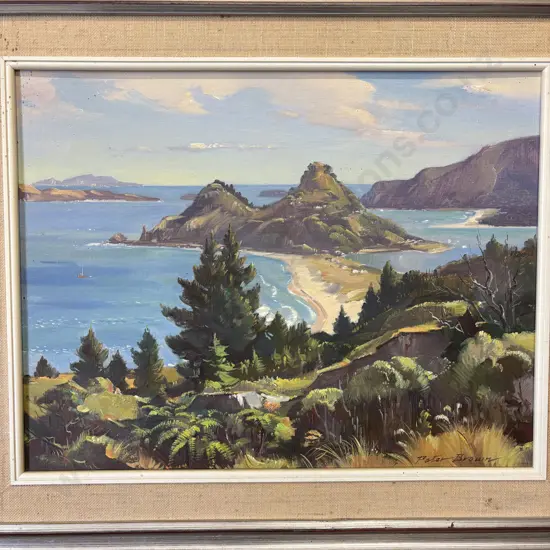 Signed Peter Brown Original Oil on Board titled "Tairua Headland and Pauanui" 63 x 53cm incl Frame