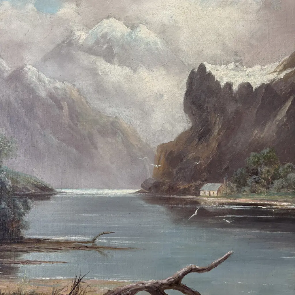 Unsigned Original on Canvas.  Mountain and river scene. Heavily gilded decorative frame. 82x61cm incl frame Image 1++