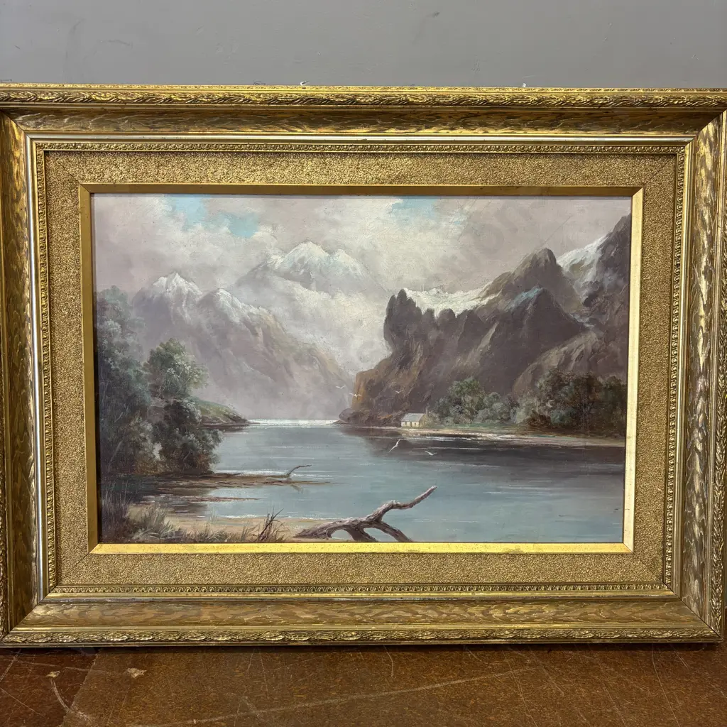 Unsigned Original on Canvas.  Mountain and river scene. Heavily gilded decorative frame. 82x61cm incl frame Image 1++