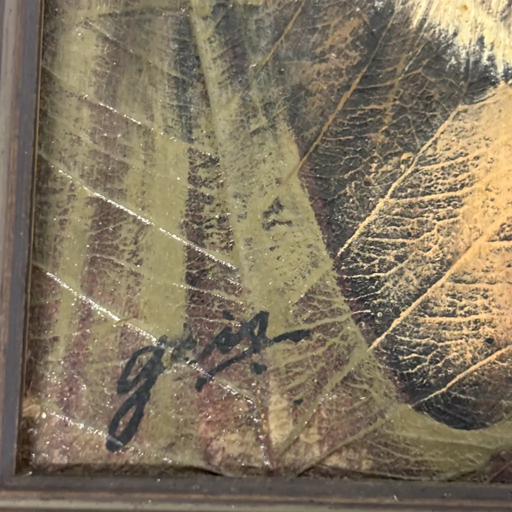 Three Original Acrylic Artworks on leaf.  Two signed Griss, one other.  22.5 x 28cm incl frame Image 1++
