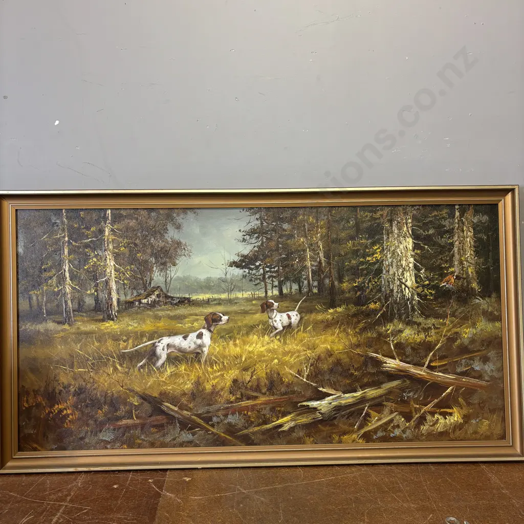 Original Artwork. Farmland, cottage and dogs scene. Framed. Unsigned. 130 x 69cm incl frame Image 1++