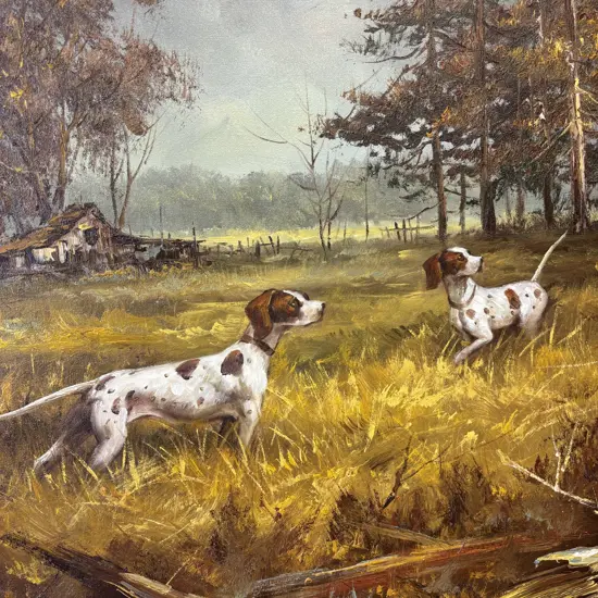Original Artwork. Farmland, cottage and dogs scene. Framed. Unsigned. 130 x 69cm incl frame