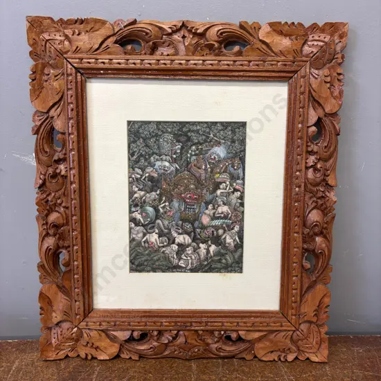 Balinese Artwork. Signed, with carved wooden decorative frame. 43 x 38cm