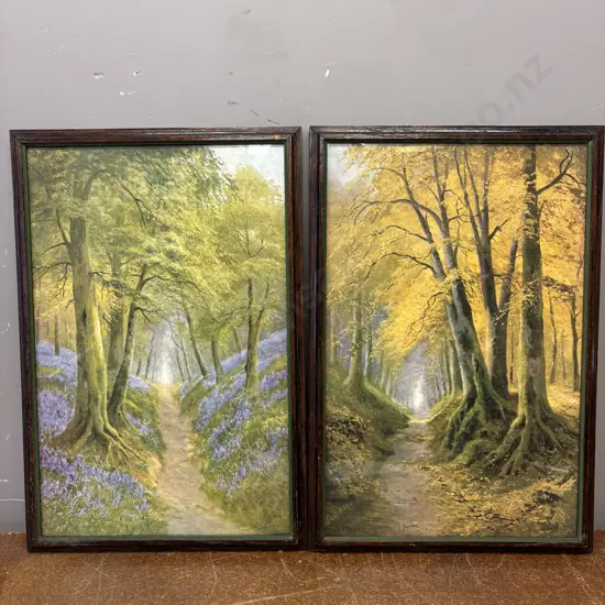 Two Vintage Framed Prints by D. Sherrin. "Through Golden Woods" and "The Blue Carpet"