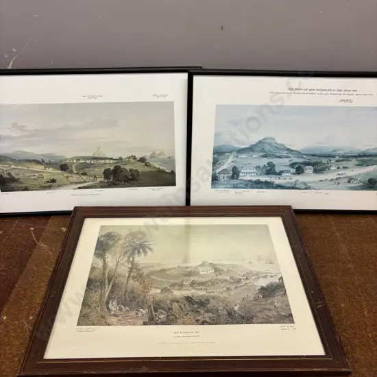 3 Early Framed NZ Prints: two of New Plymouth, 1 "Moturoa" Devonport