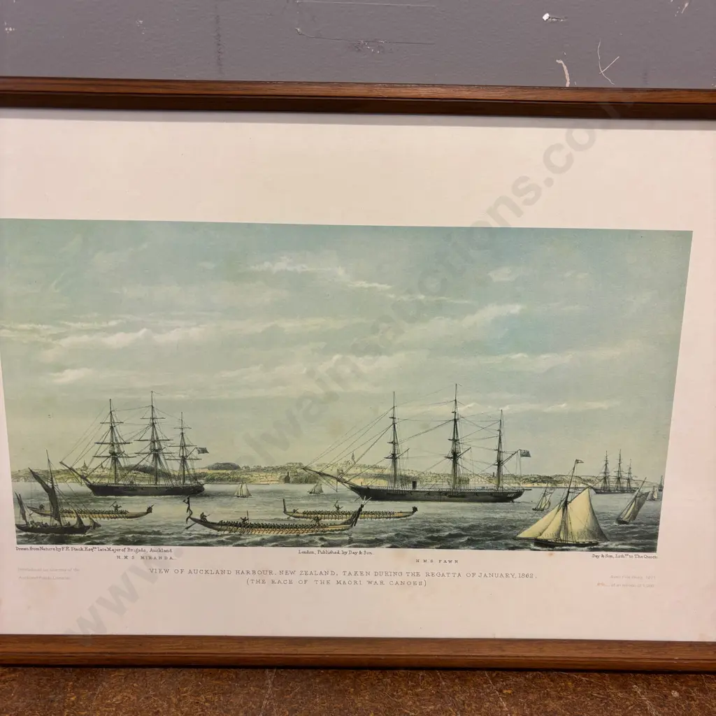 Two Vintage Framed Prints; "Sail and Steam, Auckland Harbour 1985 John Gibbs and Auckland Harbour Regatta Jan 1862 Image 1++