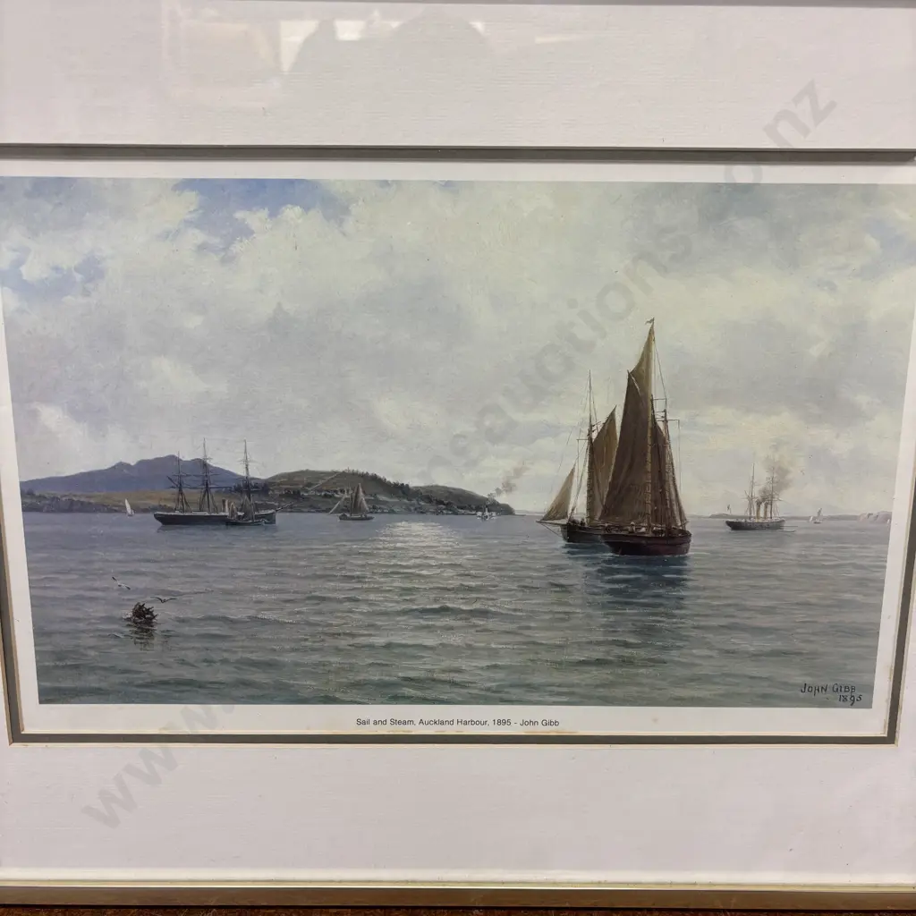 Two Vintage Framed Prints; "Sail and Steam, Auckland Harbour 1985 John Gibbs and Auckland Harbour Regatta Jan 1862 Image 1++
