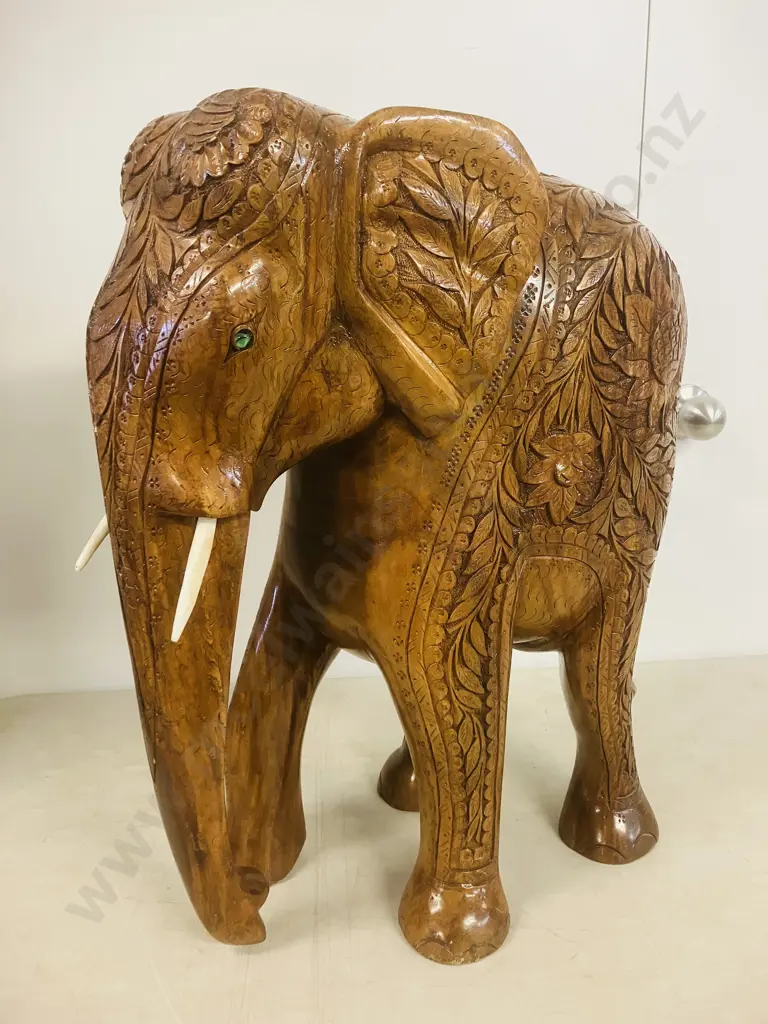 Large Heavy Intricately Carved Wooden Elephant. H60 W47 D25cm Image 1++