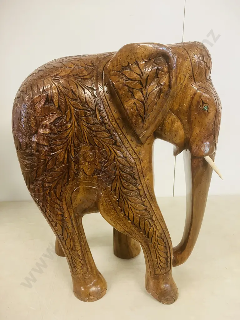 Large Heavy Intricately Carved Wooden Elephant. H60 W47 D25cm Image 1++