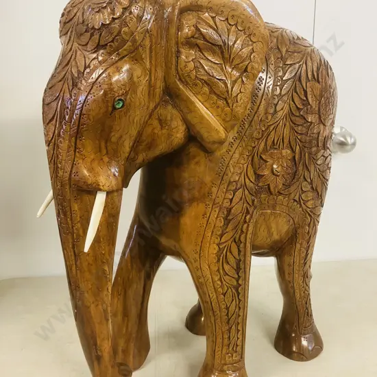 Large Heavy Intricately Carved Wooden Elephant. H60 W47 D25cm