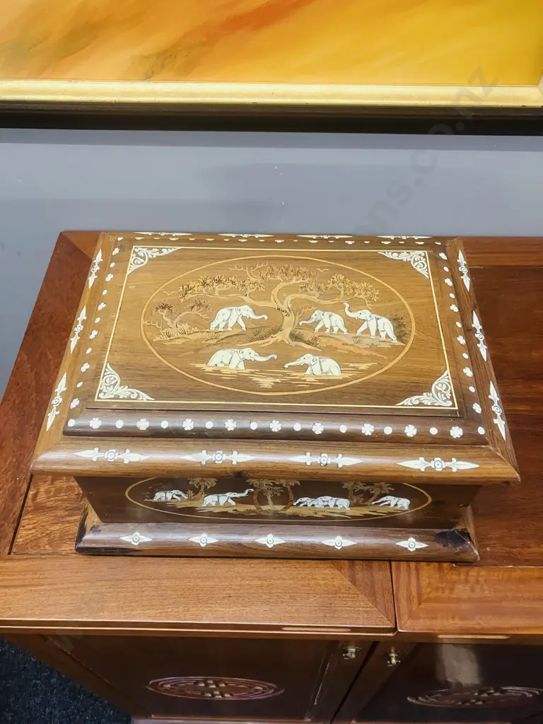 Vintage Indian Rosewood Elephant Inlay Box. H21 W40.5 D30.5cm Image 1++