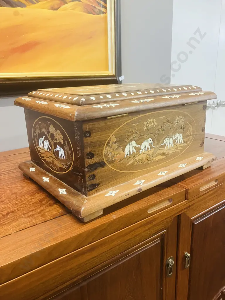 Vintage Indian Rosewood Elephant Inlay Box. H21 W40.5 D30.5cm Image 1++
