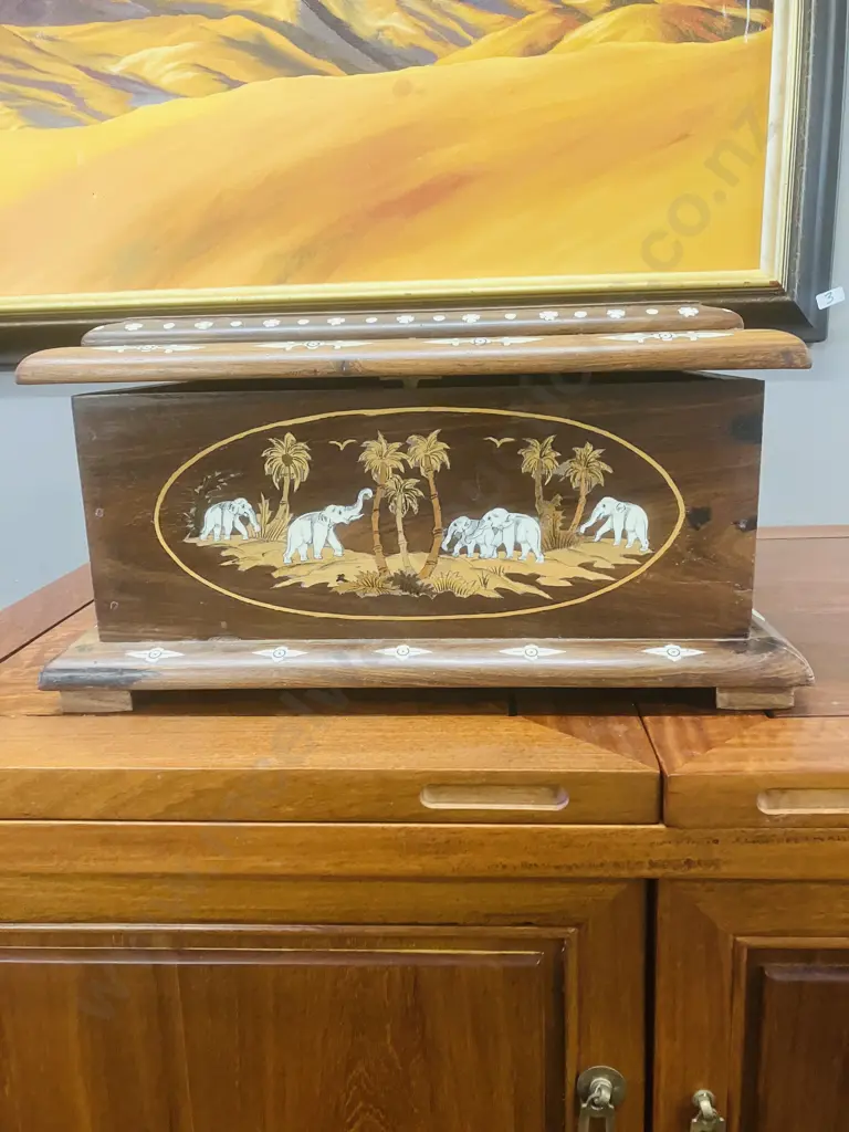 Vintage Indian Rosewood Elephant Inlay Box. H21 W40.5 D30.5cm Image 1++
