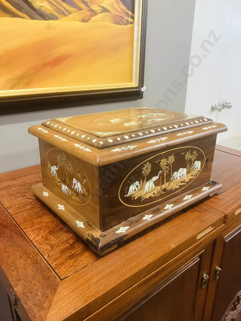 Vintage Indian Rosewood Elephant Inlay Box. H21 W40.5 D30.5cm Image 1++