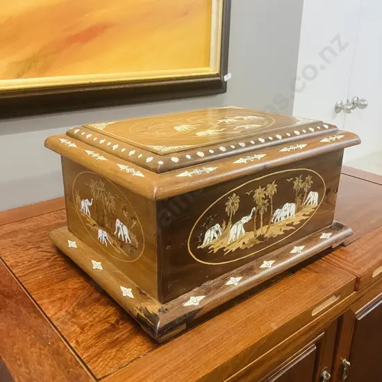 Vintage Indian Rosewood Elephant Inlay Box. H21 W40.5 D30.5cm