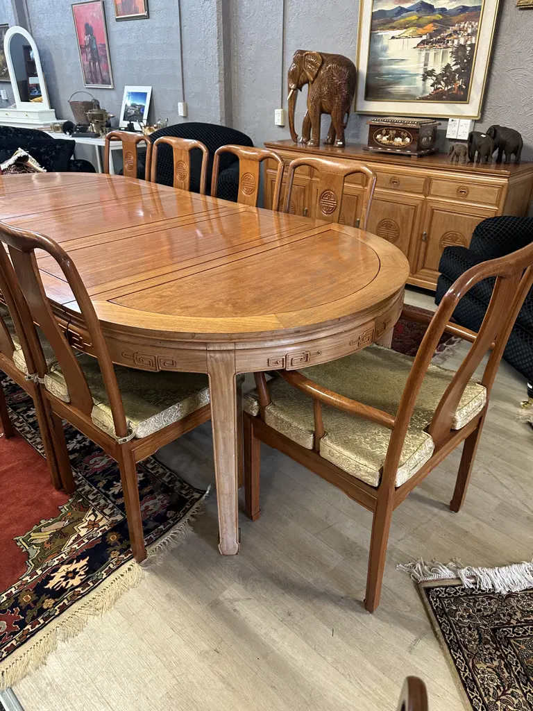 11 Piece Natural Finish Rosewood Chinese Longevity Oval Dining Suite. H76.5 W114 L114cm With 3 x 45.5cm Extensions Image 1++