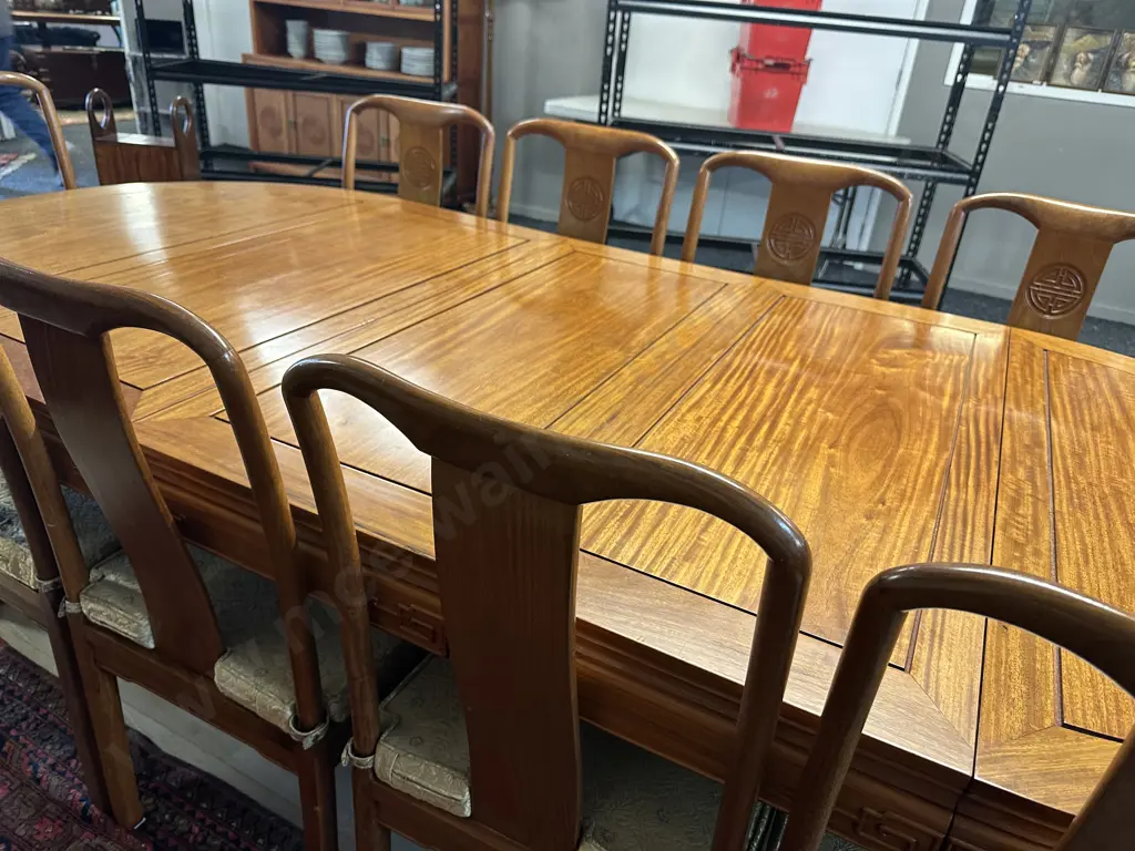 11 Piece Natural Finish Rosewood Chinese Longevity Oval Dining Suite. H76.5 W114 L114cm With 3 x 45.5cm Extensions Image 1++