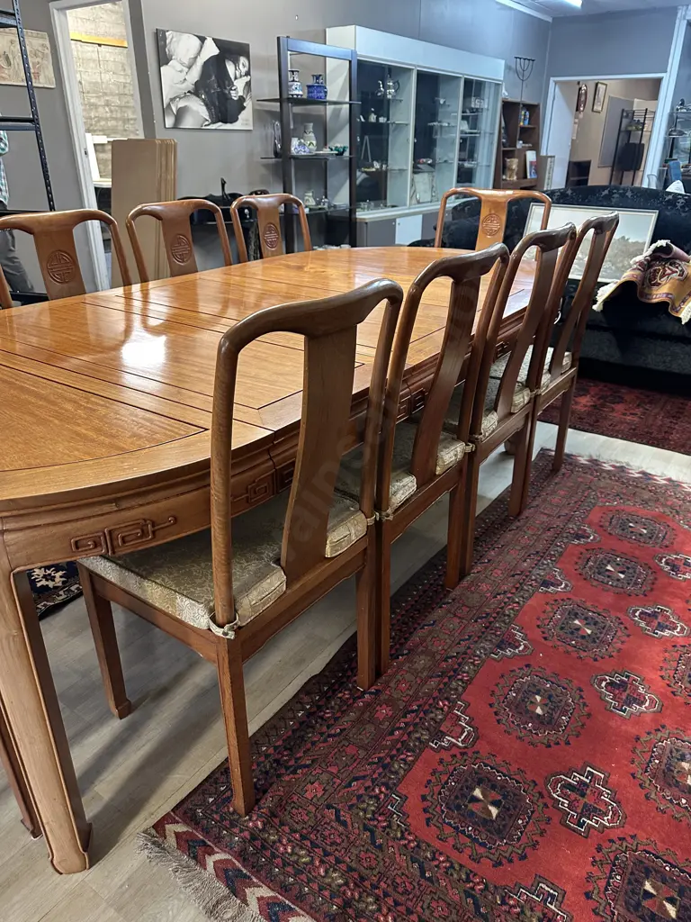11 Piece Natural Finish Rosewood Chinese Longevity Oval Dining Suite. H76.5 W114 L114cm With 3 x 45.5cm Extensions Image 1++