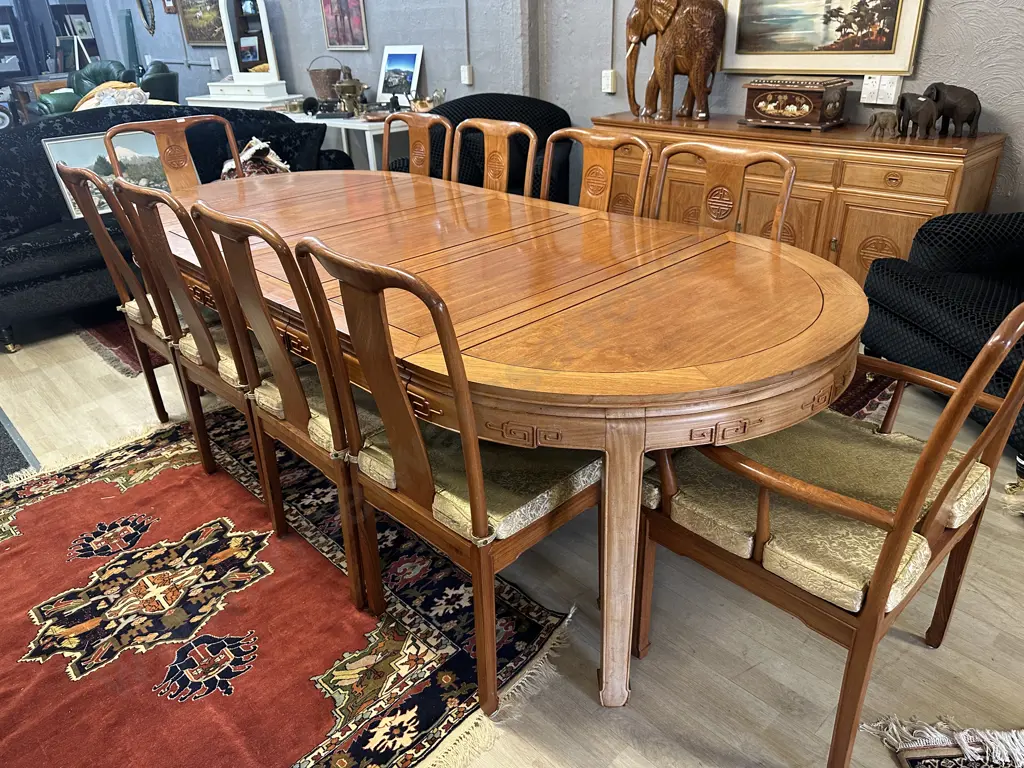 11 Piece Natural Finish Rosewood Chinese Longevity Oval Dining Suite. H76.5 W114 L114cm With 3 x 45.5cm Extensions Image 1++