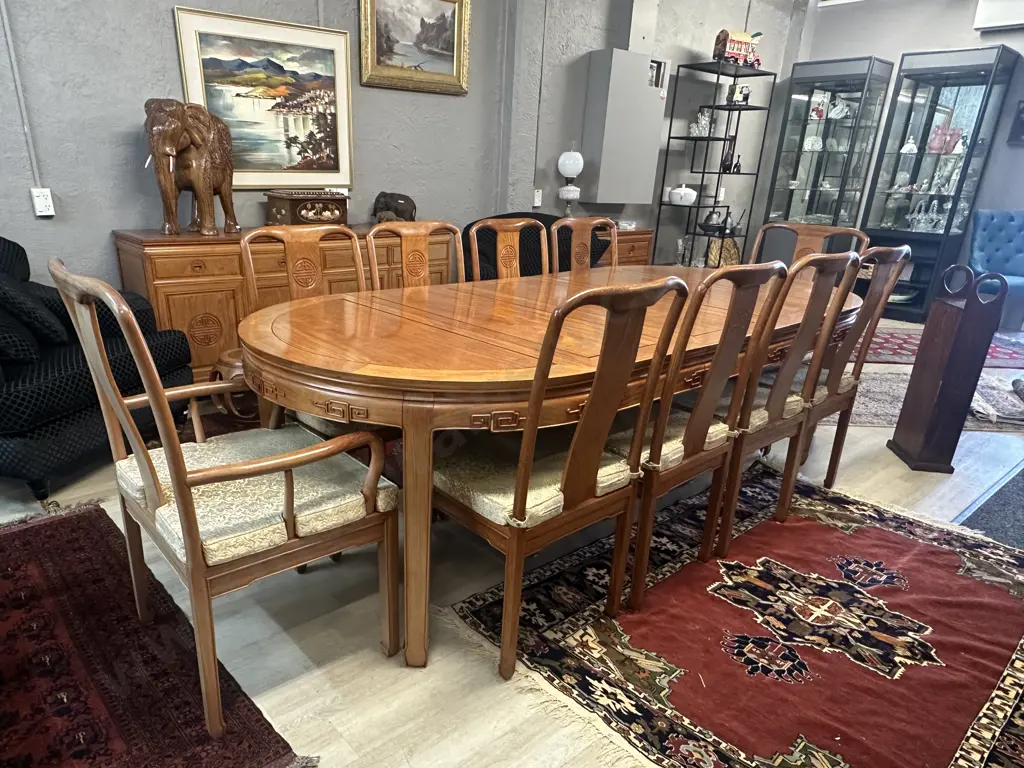 11 Piece Natural Finish Rosewood Chinese Longevity Oval Dining Suite. H76.5 W114 L114cm With 3 x 45.5cm Extensions Image 1++