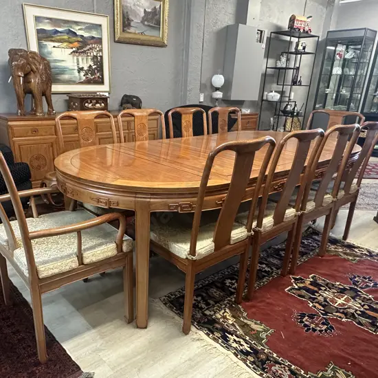11 Piece Natural Finish Rosewood Chinese Longevity Oval Dining Suite. H76.5 W114 L114cm With 3 x 45.5cm Extensions