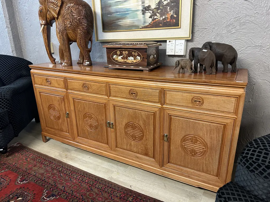Natural Finish Rosewood Chinese Longevity Sideboard. H8.5 W182.5 D48cm Image 1++