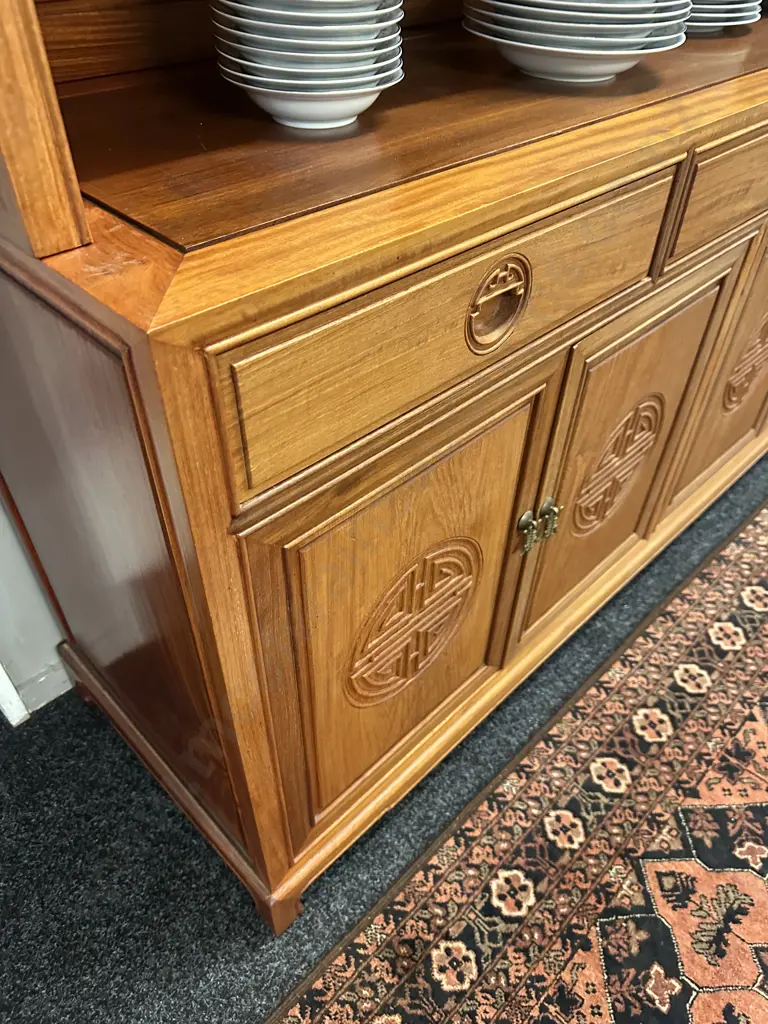 Natural Finish Rosewood Chinese Longevity China Cabinet. 2 Piece H201 W152 D45.5cm Image 1++