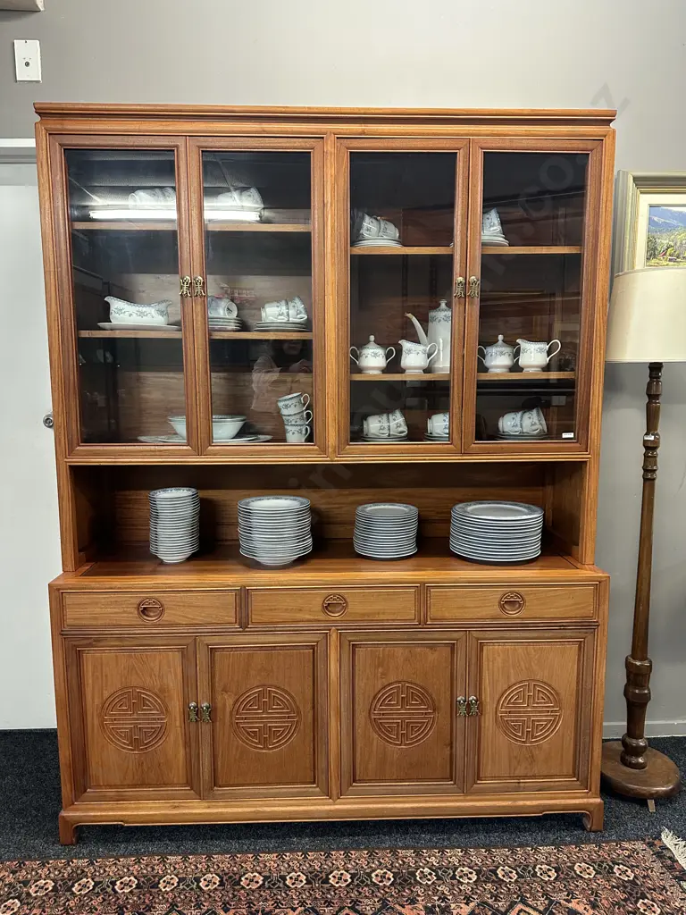 Natural Finish Rosewood Chinese Longevity China Cabinet. 2 Piece H201 W152 D45.5cm Image 1++