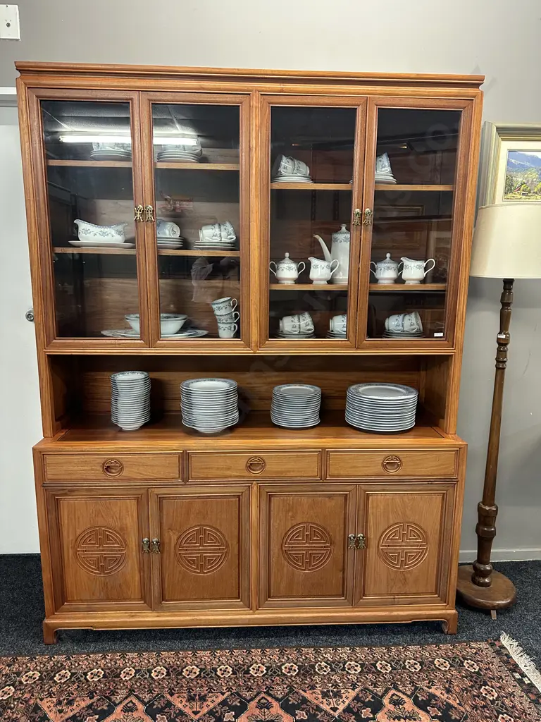 Natural Finish Rosewood Chinese Longevity China Cabinet. 2 Piece H201 W152 D45.5cm Image 1++