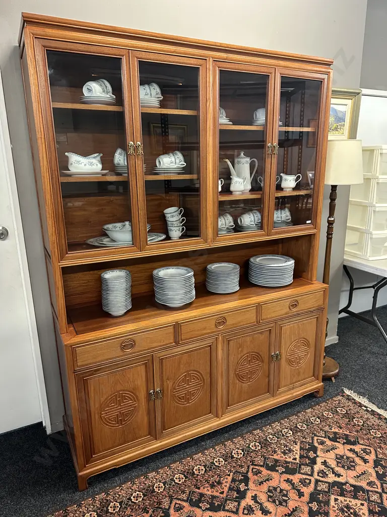 Natural Finish Rosewood Chinese Longevity China Cabinet. 2 Piece H201 W152 D45.5cm Image 1++