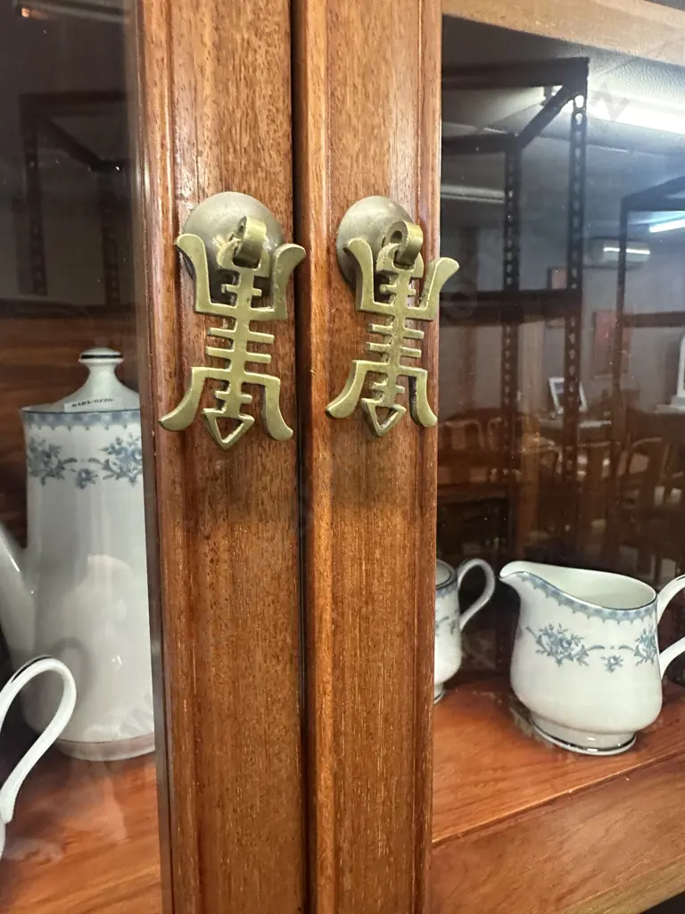 Natural Finish Rosewood Chinese Longevity China Cabinet. 2 Piece H201 W152 D45.5cm Image 1++