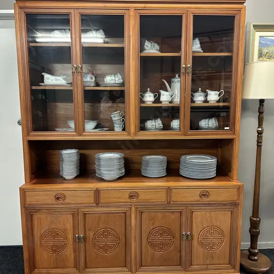 Natural Finish Rosewood Chinese Longevity China Cabinet. 2 Piece H201 W152 D45.5cm