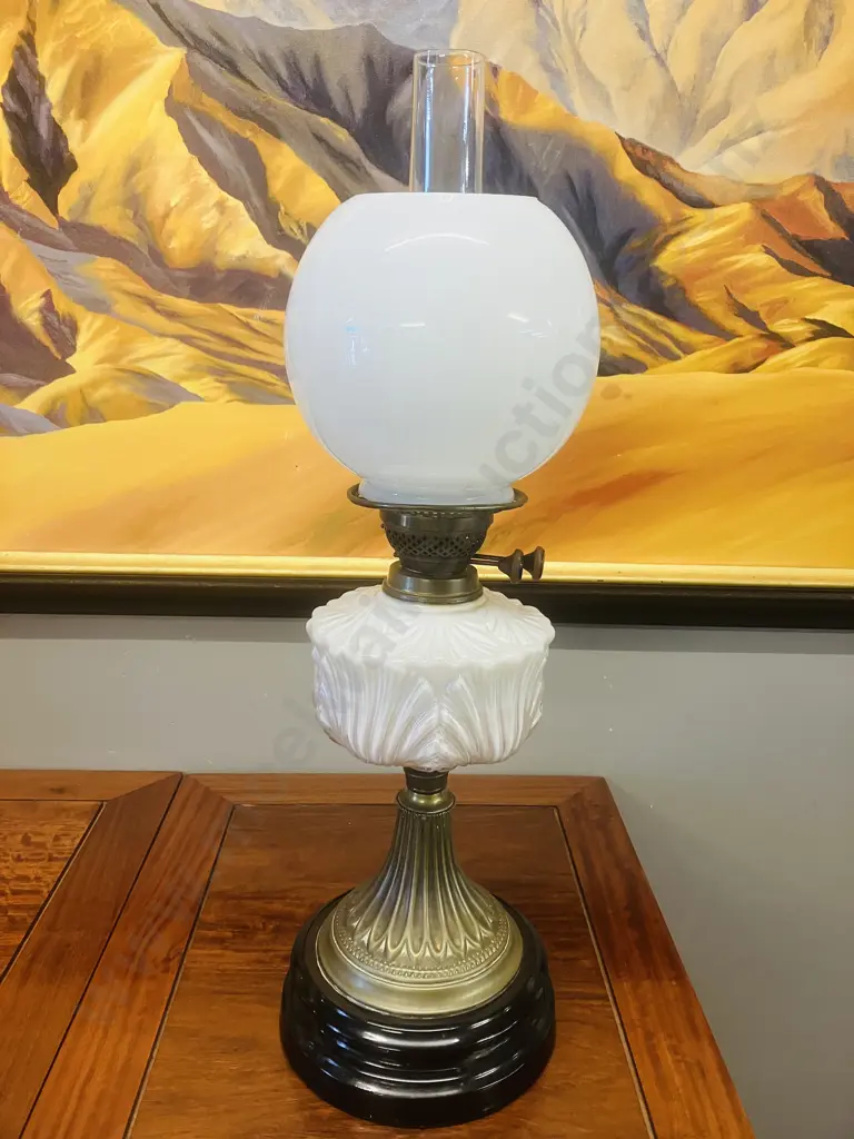 Antique Victorian Brass & Milk Glass Oil Lamp With Duplex Dual Wick Burner, White Glass Shade & Clear Glass Chimney Image 1++