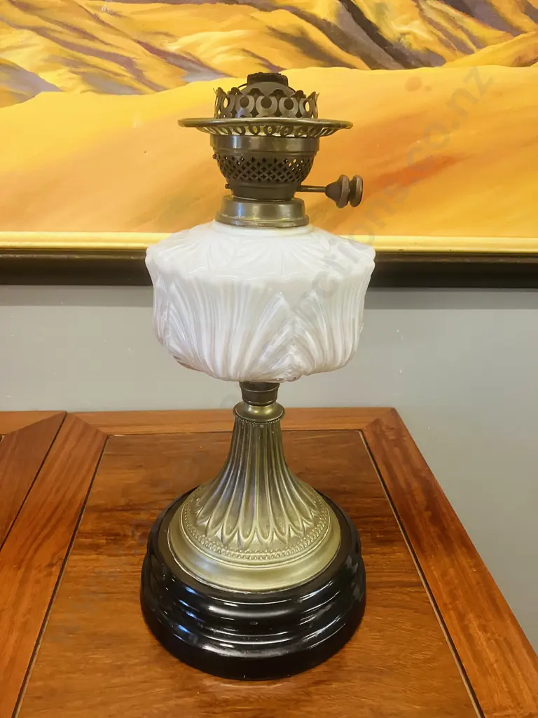 Antique Victorian Brass & Milk Glass Oil Lamp With Duplex Dual Wick Burner, White Glass Shade & Clear Glass Chimney Image 1++