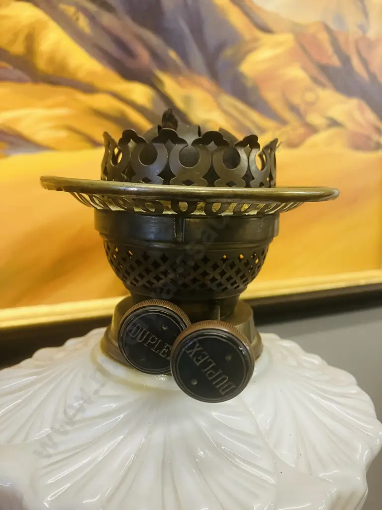 Antique Victorian Brass & Milk Glass Oil Lamp With Duplex Dual Wick Burner, White Glass Shade & Clear Glass Chimney Image 1++