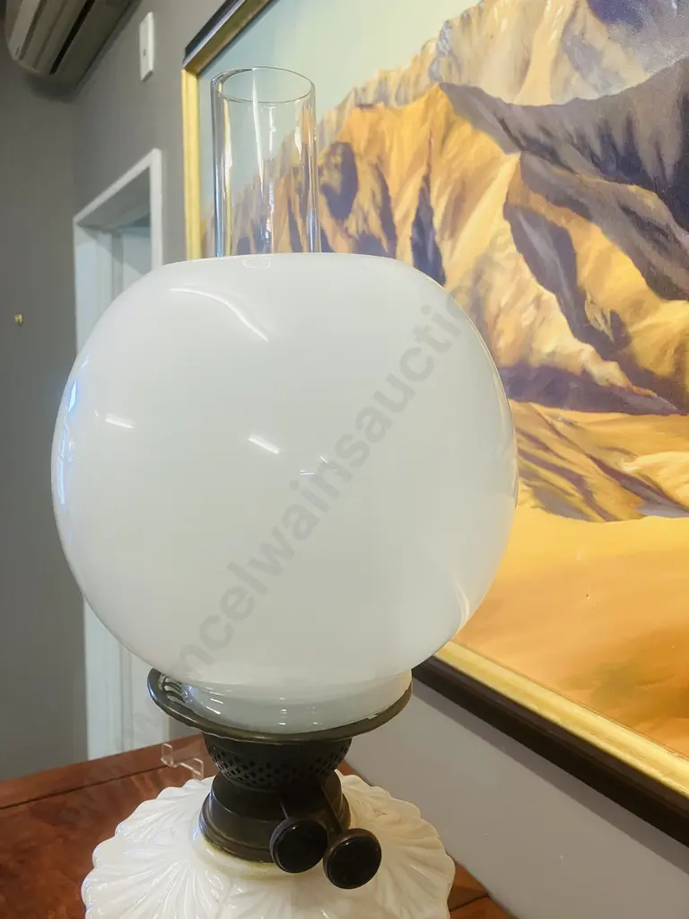 Antique Victorian Brass & Milk Glass Oil Lamp With Duplex Dual Wick Burner, White Glass Shade & Clear Glass Chimney Image 1++