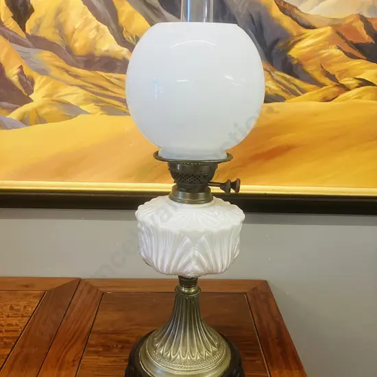 Antique Victorian Brass & Milk Glass Oil Lamp With Duplex Dual Wick Burner, White Glass Shade & Clear Glass Chimney