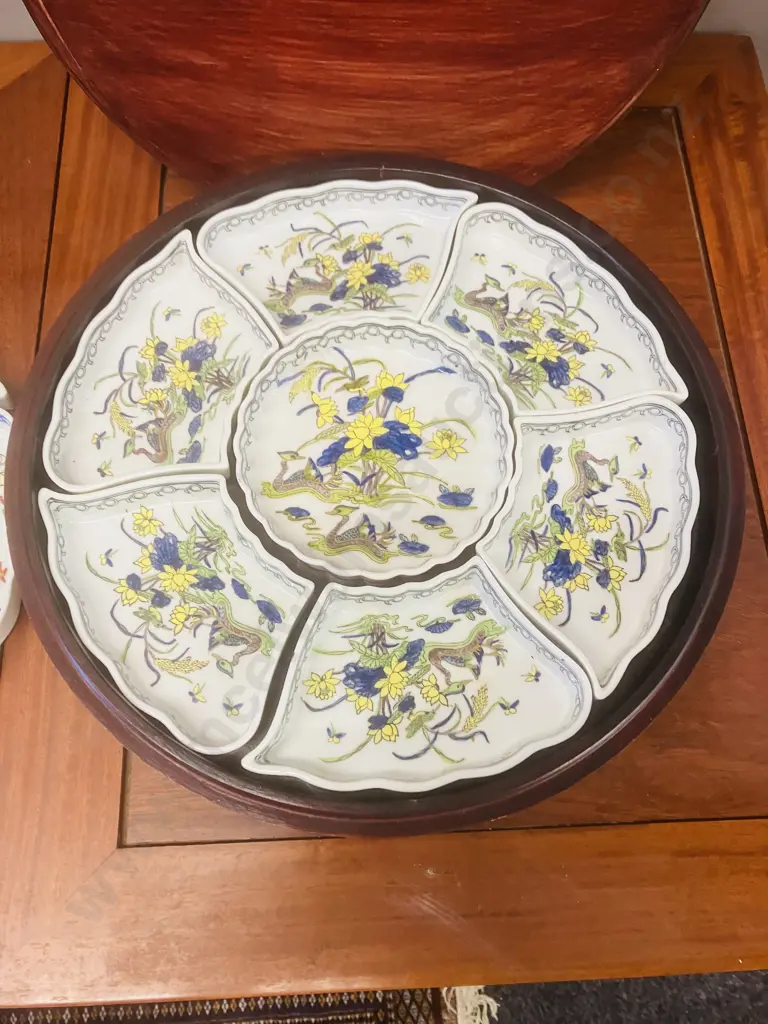 Chinese Porcelain Chuan-He - Stamped Yang Cheung, Revolving Wood Base With Lid & Set of 6 Dishes Made In Hong Kong Image 1++