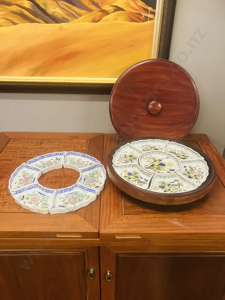 Chinese Porcelain Chuan-He - Stamped Yang Cheung, Revolving Wood Base With Lid & Set of 6 Dishes Made In Hong Kong Image 1++