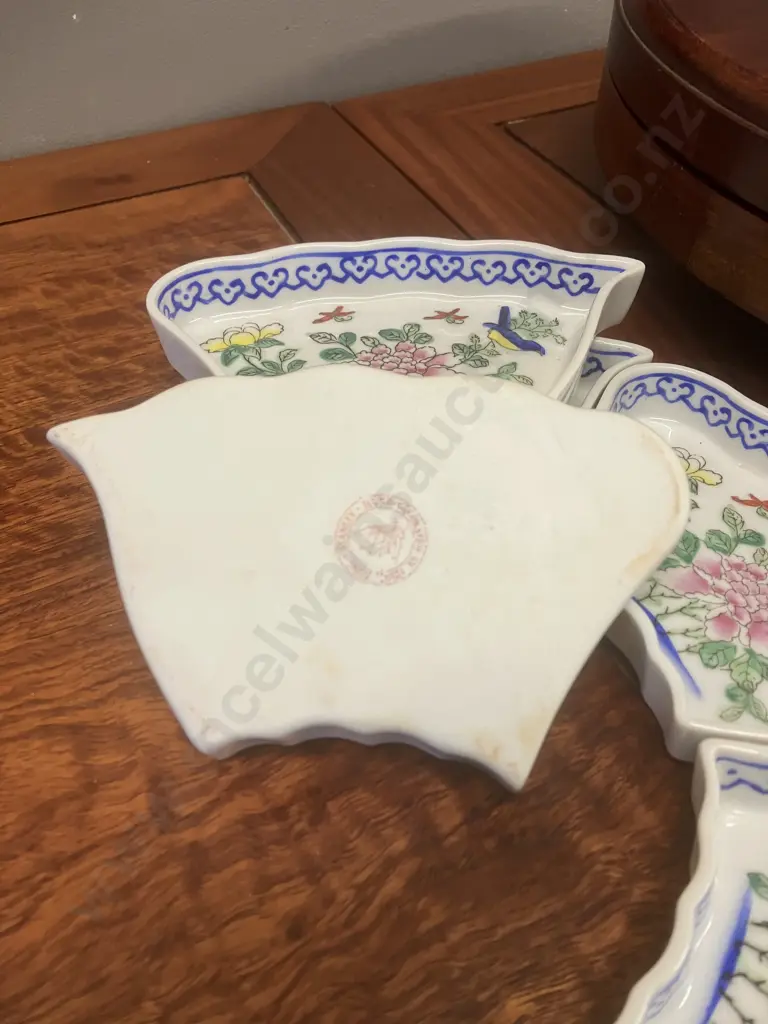 Chinese Porcelain Chuan-He - Stamped Yang Cheung, Revolving Wood Base With Lid & Set of 6 Dishes Made In Hong Kong Image 1++
