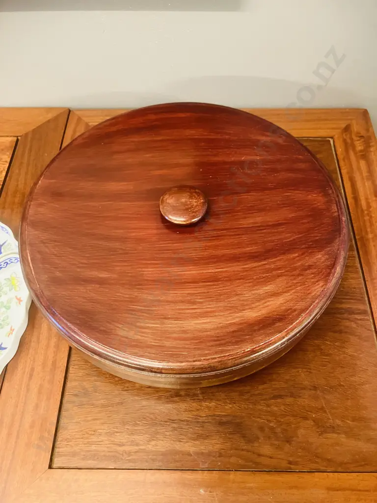 Chinese Porcelain Chuan-He - Stamped Yang Cheung, Revolving Wood Base With Lid & Set of 6 Dishes Made In Hong Kong Image 1++