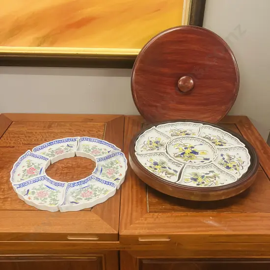 Chinese Porcelain Chuan-He - Stamped Yang Cheung, Revolving Wood Base With Lid & Set of 6 Dishes Made In Hong Kong